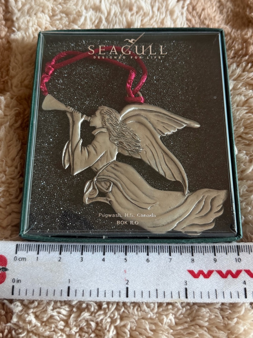 Vintage Seagull Pewter Beautiful Angel Ornament Large ~ Silver with Red Ribbon